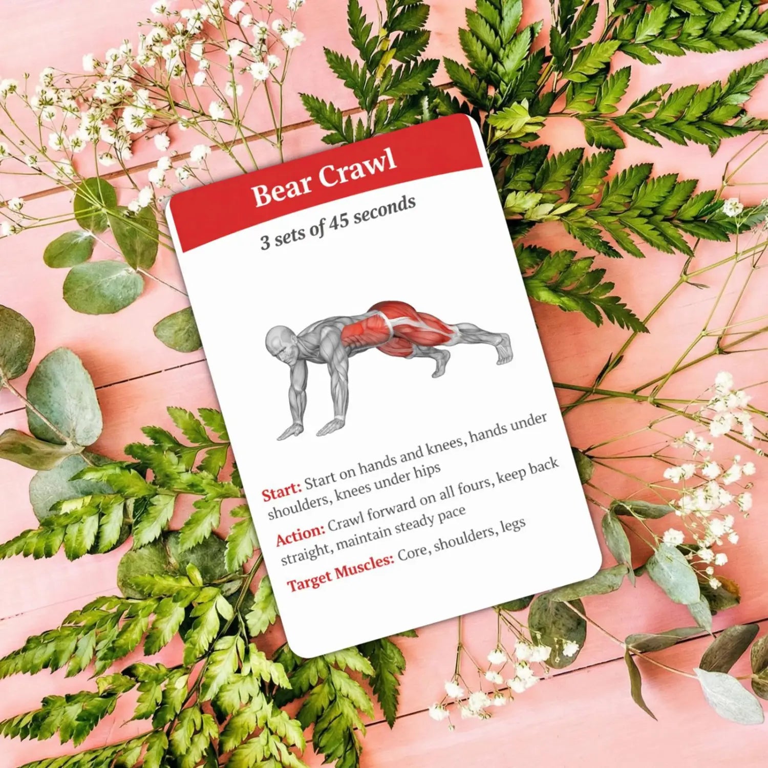 Red and white exercise instruction card for the bear crawl workout from the workout cards fitness exercise deck for home and gym use.
