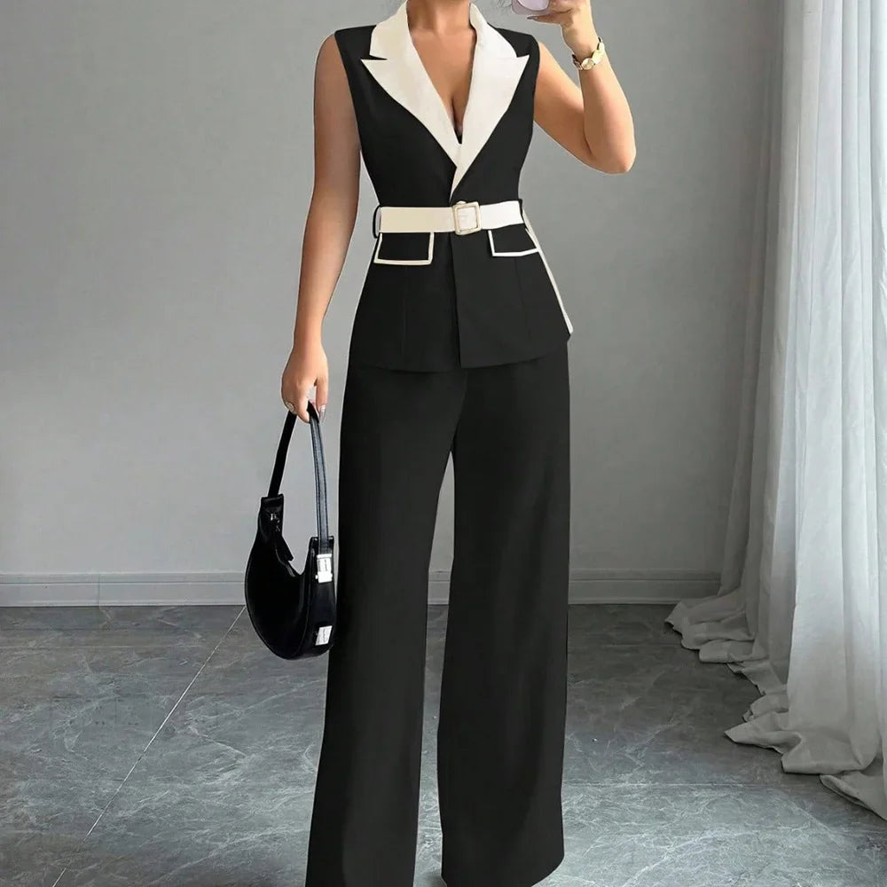 Women's Office Lady Ensemble Outfit Autumn Sleeveless Straight Leg Pants Set Classy Bandeau Elegant Style Top And Vest 2 Set