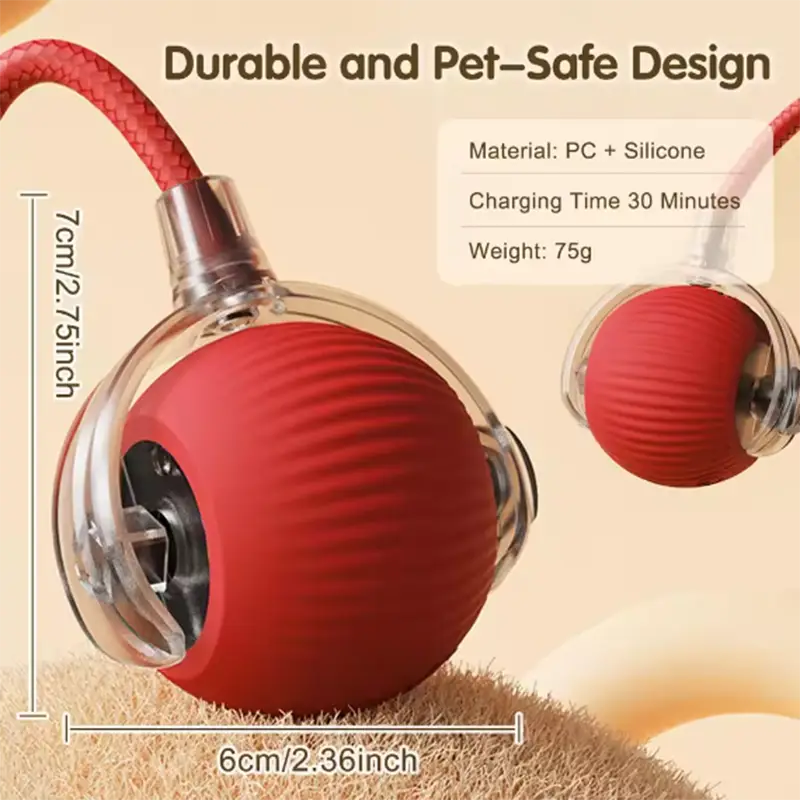 Interactive smart cat ball toy featuring a red spherical pet toy with a textured silicone surface, transparent pc casing, and an attached braided red cord.