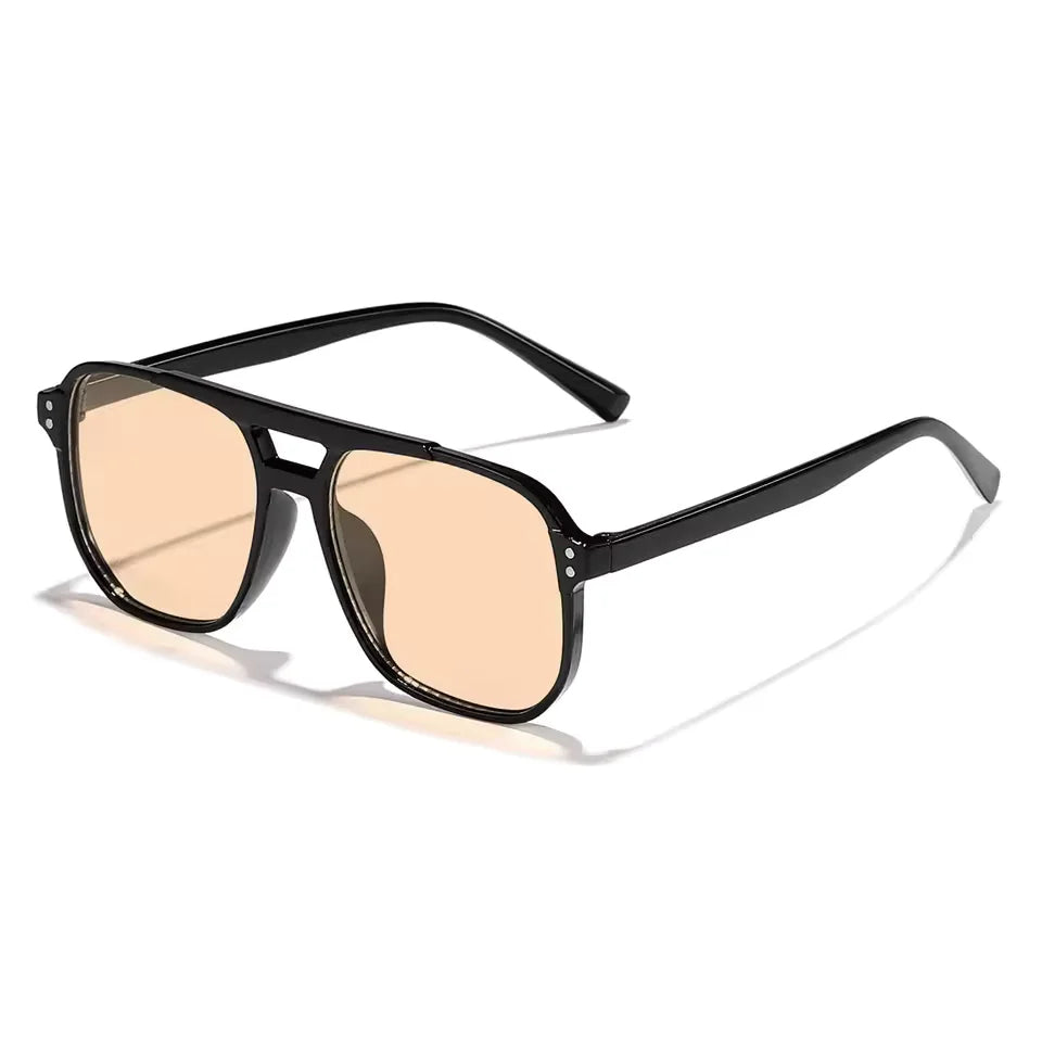 Vintage square sunglasses uv400 unisex black frame aviator style with tan-tinted lenses and a sleek glossy finish.