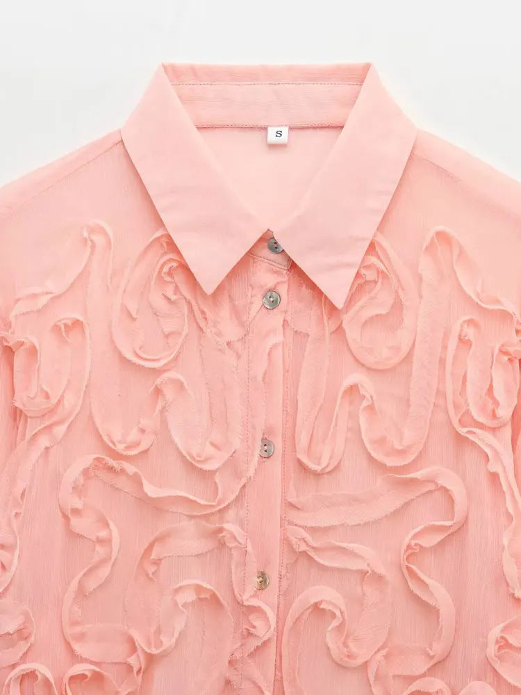 Women's Long Sleeve Button-Up Shirt Fashion Textured Blouse Chic Female Top