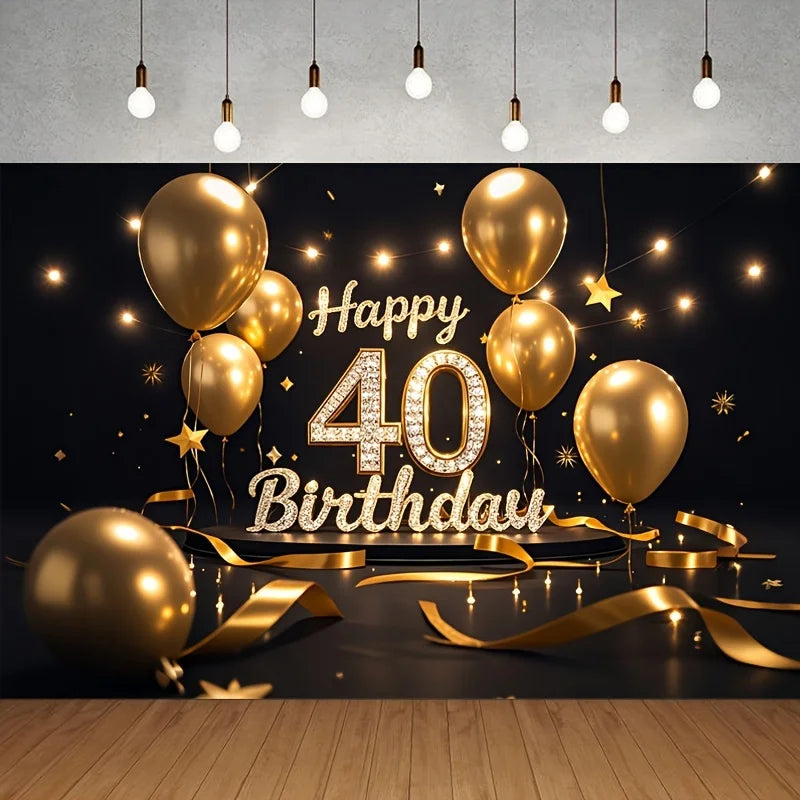 1 40th birthday background cloth - black gold glitter studio background with gold balloons and stars