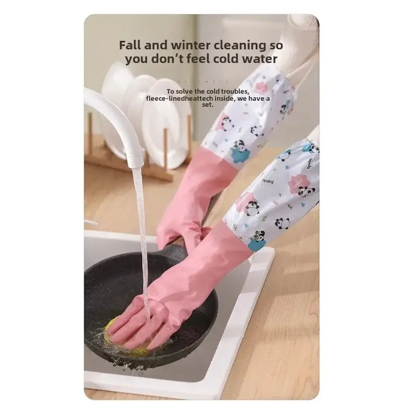 waterproof kitchen gloves for cleaning featuring pink and white panda-patterned fleece-lined rubber material for enhanced grip and comfort.