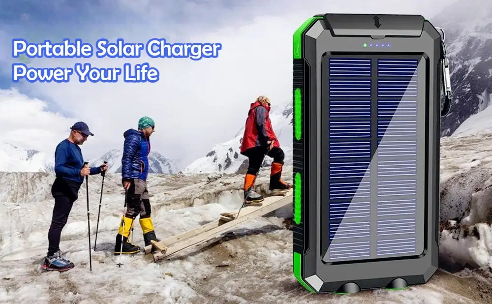 Black and green rugged portable solar charger with blue solar panels designed as a solar power bank 20000mAh for outdoor use.