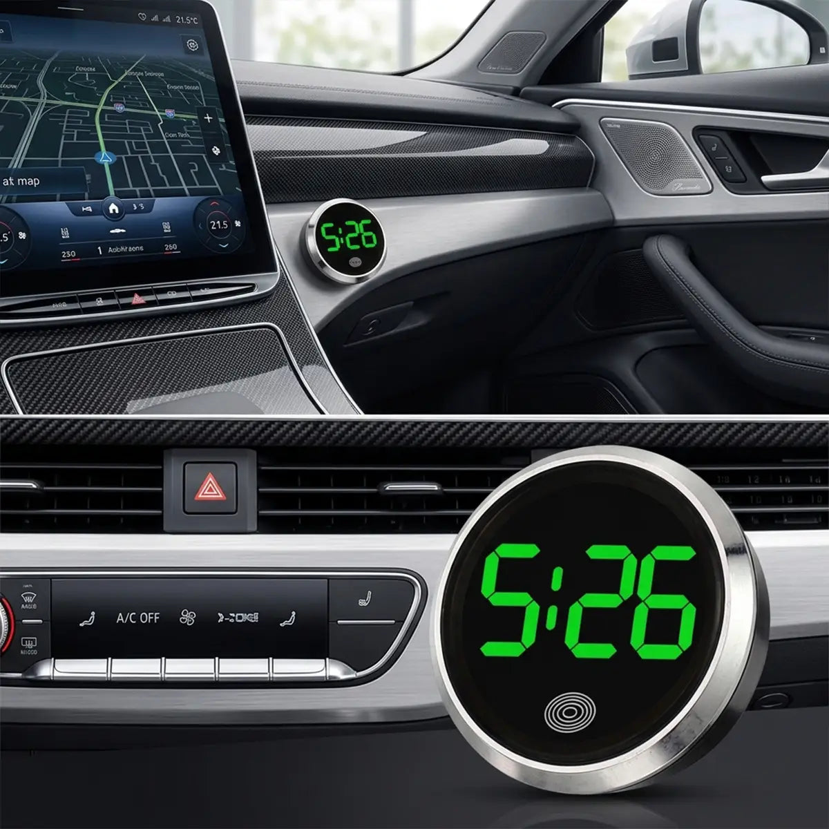 Car dashboard digital clock led touch display with a circular silver metallic frame and bright green led time display showing 5 26.