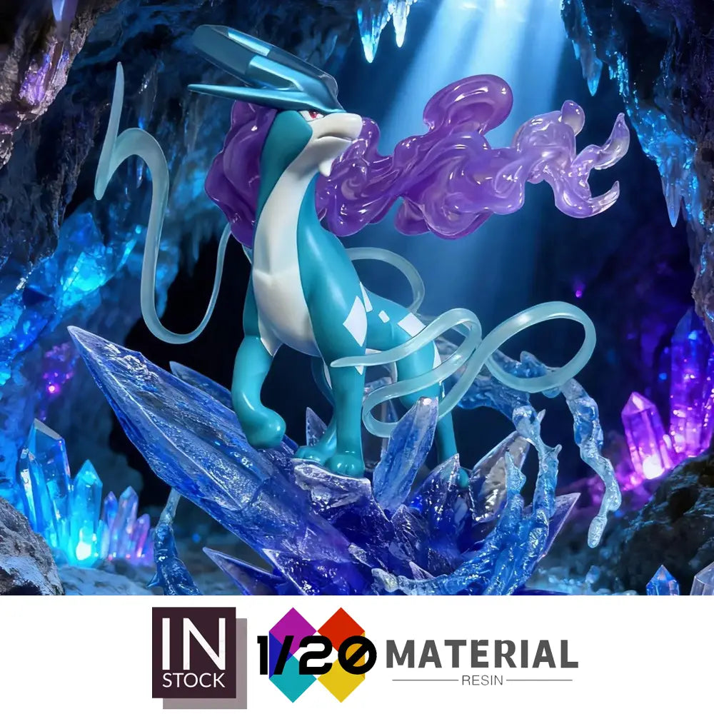 Una figurina detallada de resina de Mega Kyogre con un cuerpo turquesa y blanco y zarcillos de energía púrpura en movimiento, sobre una base de cristal azul translúcido, incluida en el producto de la base original brillante y quemada de torre de Ciudad Paleta.
