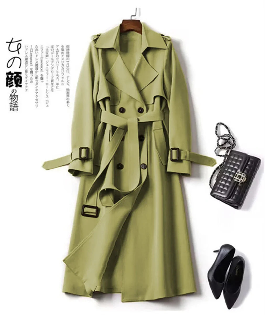 Olive green women trench coat with double breasted front black buttons and belted outerwear suitable for stylish layering.