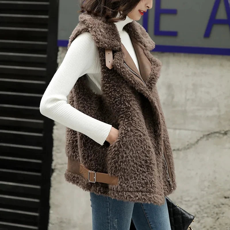 Women Vest Jacket Autumn Winter Lamb Wool Gilet Korean Fashion Sleeveless Waistcoat Solid Thick Warm Zipper Coat Chaleco Mujer