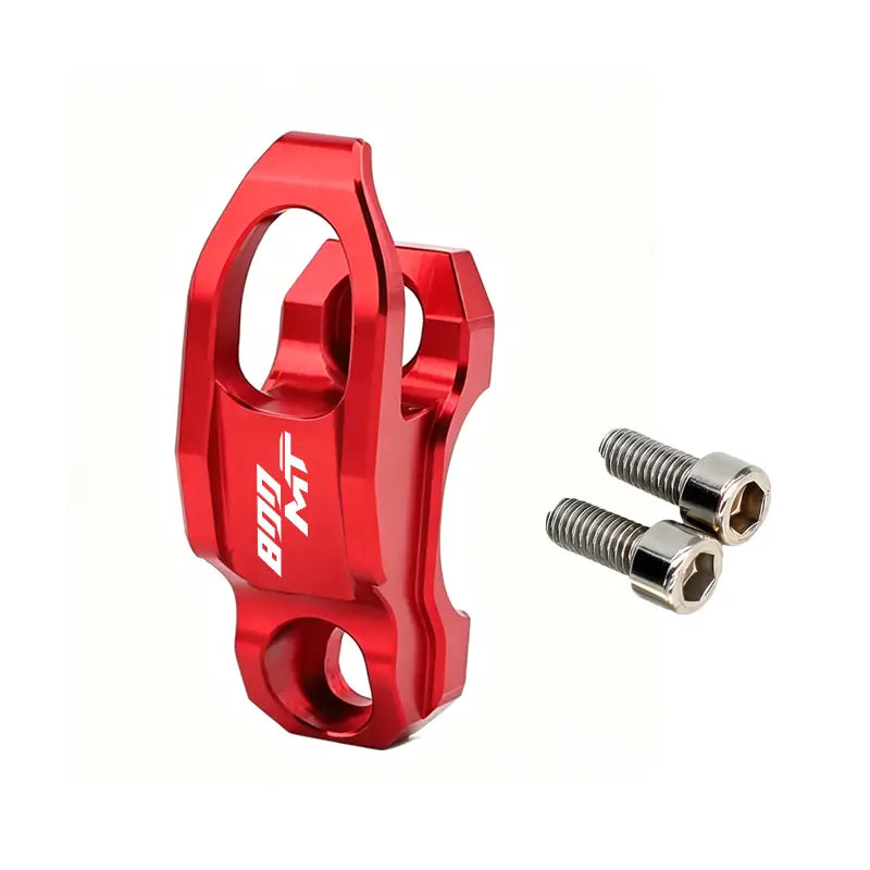 Rot eloxierter Aluminium-Cfmoto 800mt Lenker-Helmhalter-Haken mit weißem bro-mt-Branding und zwei silbernen Sechskantbolzen.