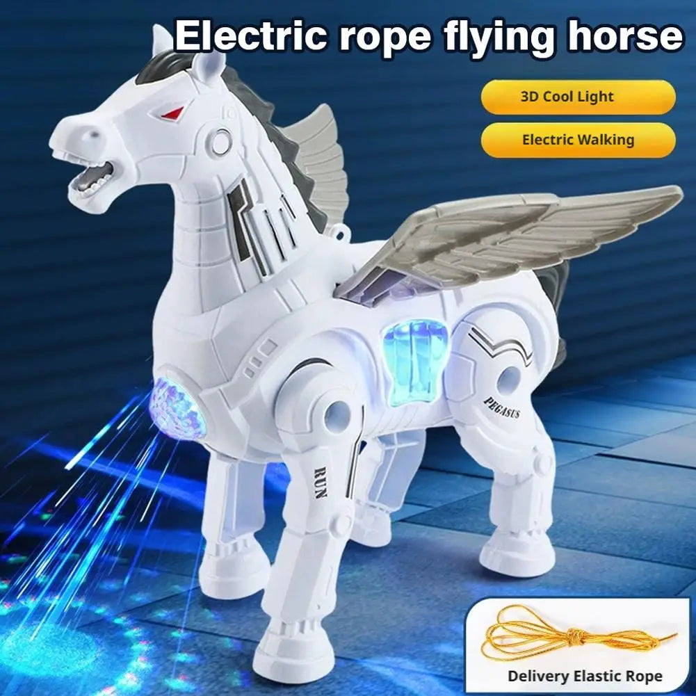 White electric rope flying horse interactive robotic walking Pegasus toy with blue led lights and metallic wings.