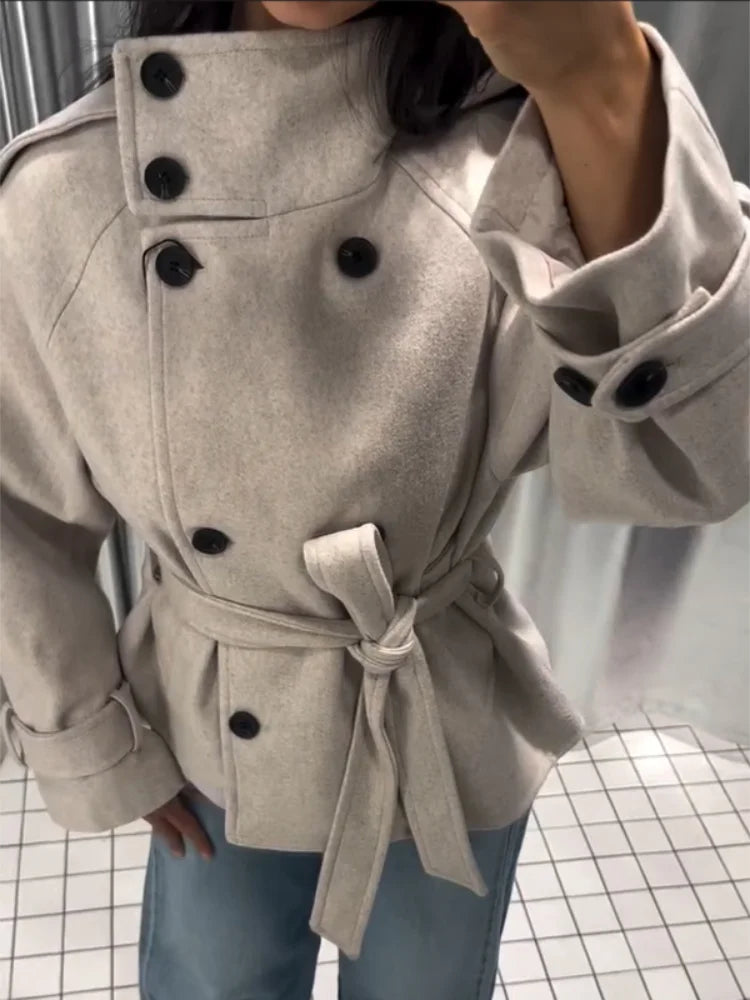 Women Short Wool Blend Coat Stand Collar Double Breasted Belted Waist Long Sleeve Epaulet Casual Winter Lady Outerwear Jacket