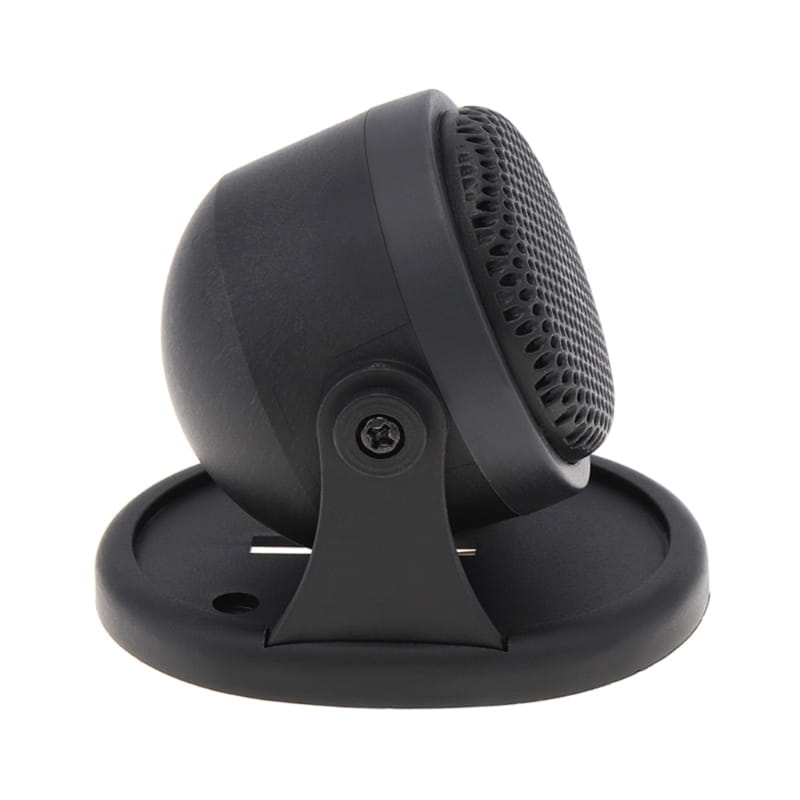 Black matte-finished dome-shaped car tweeter speaker with perforated grille and mounting bracket for high frequency hifi audio 20w use.