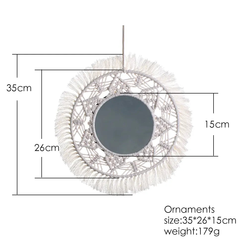 boho macrame wall mirror with a white intricately woven circular frame and fringe for living room home decor.