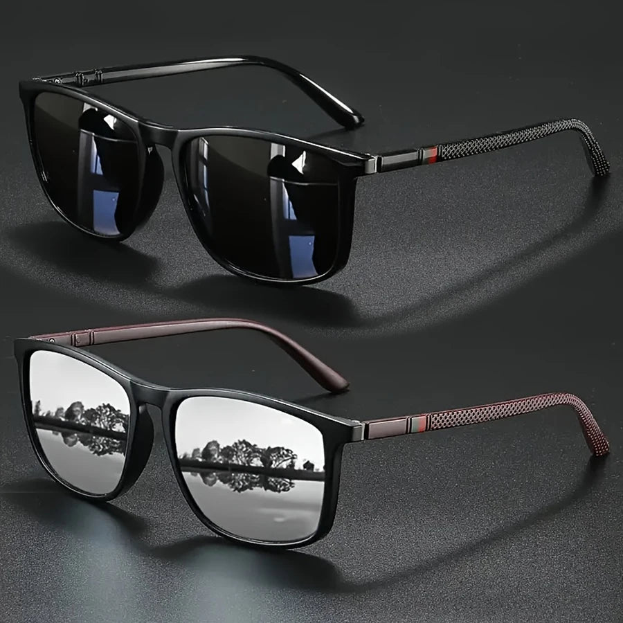 Gafas de sol vintage cuadradas y polarizadas, con marco negro, lentes espejadas y patillas con textura que ofrecen protección UV400.