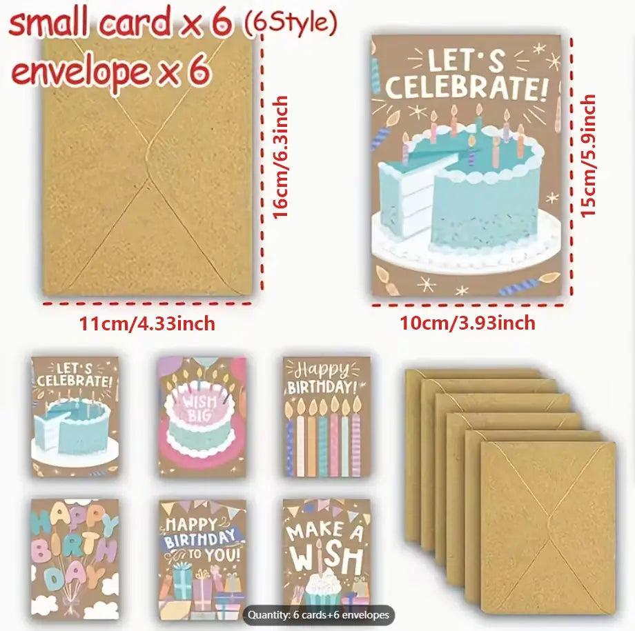 Lot de six cartes d’anniversaire colorées avec des motifs de gâteau et de bougie, et des enveloppes kraft brunes assorties, dans un ensemble de cartes d’anniversaire kraft en vrac.