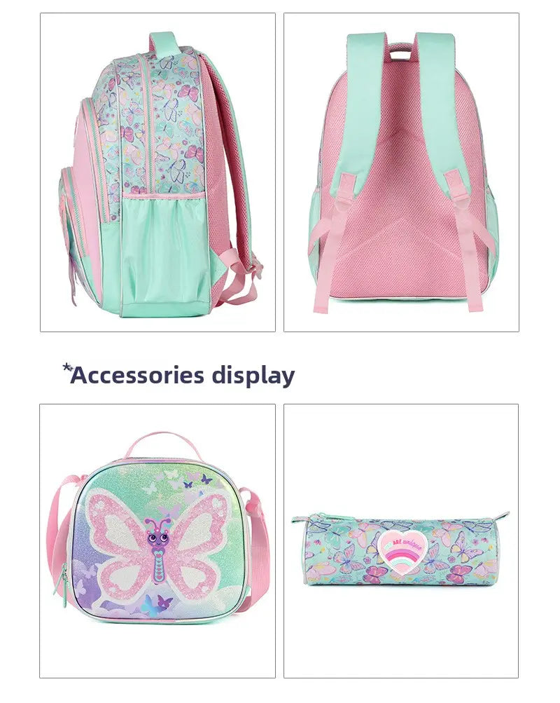 Mädchen-Schmetterlings-Rucksack-Set für die Schule mit einem pastellrosa und mintgrünen Schmetterlingsdesign, mit weichen Stoffträgern und einer verspielten, gemusterten Außenseite.