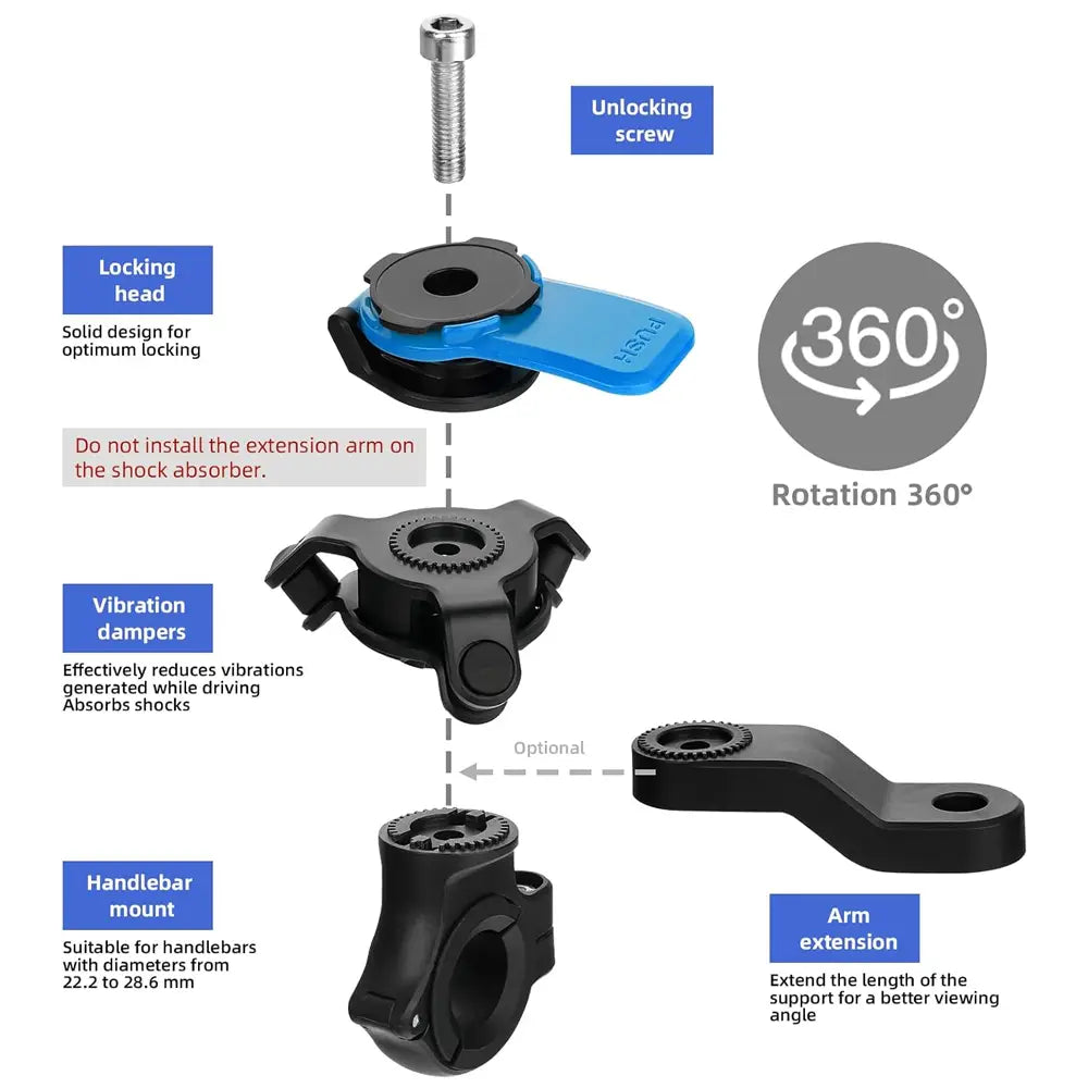 Blue and black magnetic bike phone mount universal handlebar GPS holder with 360-degree rotation capability.
