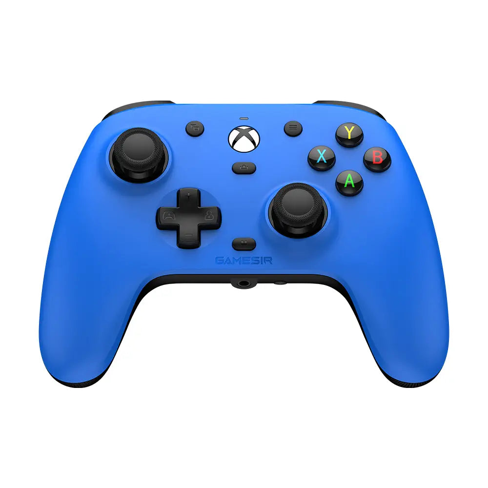 Vibrant blue Gamesir G7 magnetic faceplate Xbox controller featuring black analog sticks directional pad and colorful action buttons for enhanced gaming performance.