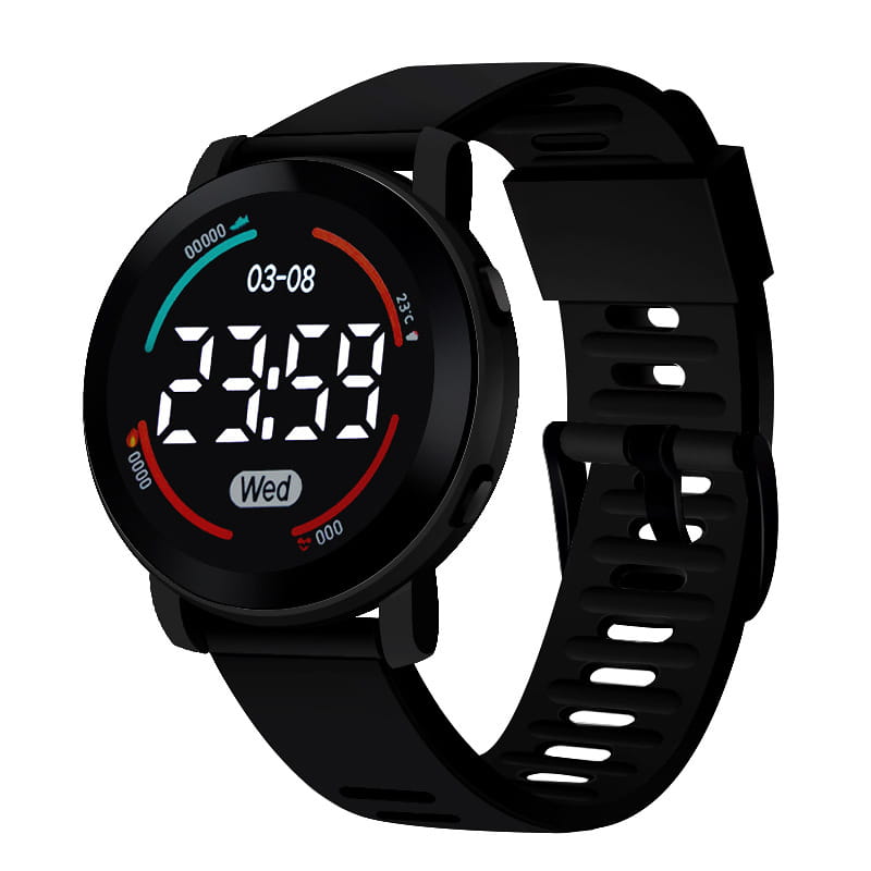 Black girls digital sports watch with waterproof feature, colorful led display showing time and date, round face, and textured silicone strap.