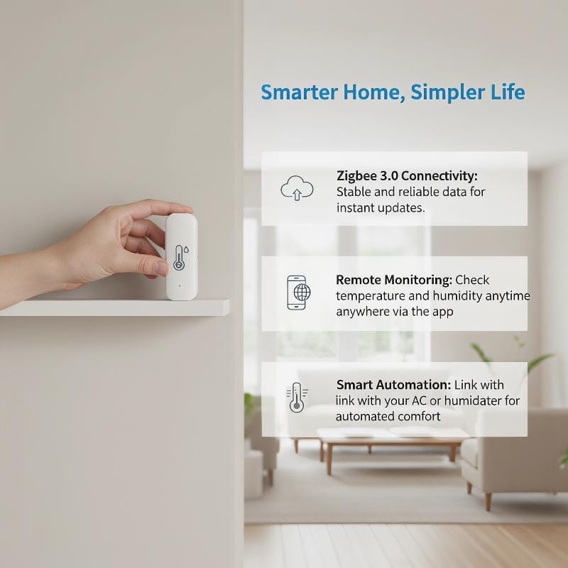 White rectangular smart wireless temperature monitor with minimalist design and subtle temperature icon featuring a built-in humidity sensor for accurate environmental monitoring.
