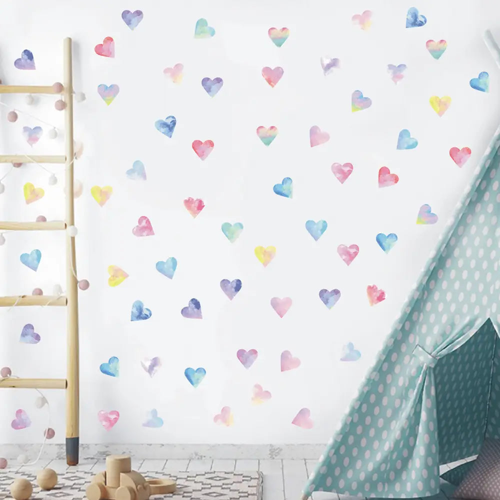 Colorful hearts couple wall stickers featuring rainbow watercolor heart decals designed for decorative hearts couple wall applications.