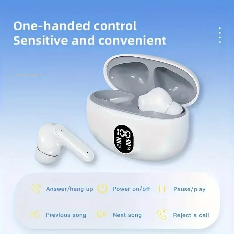 White wireless bluetooth earbuds with sleek ergonomic design in matching charging case featuring led display showing 100 percent battery for sport headphones use.