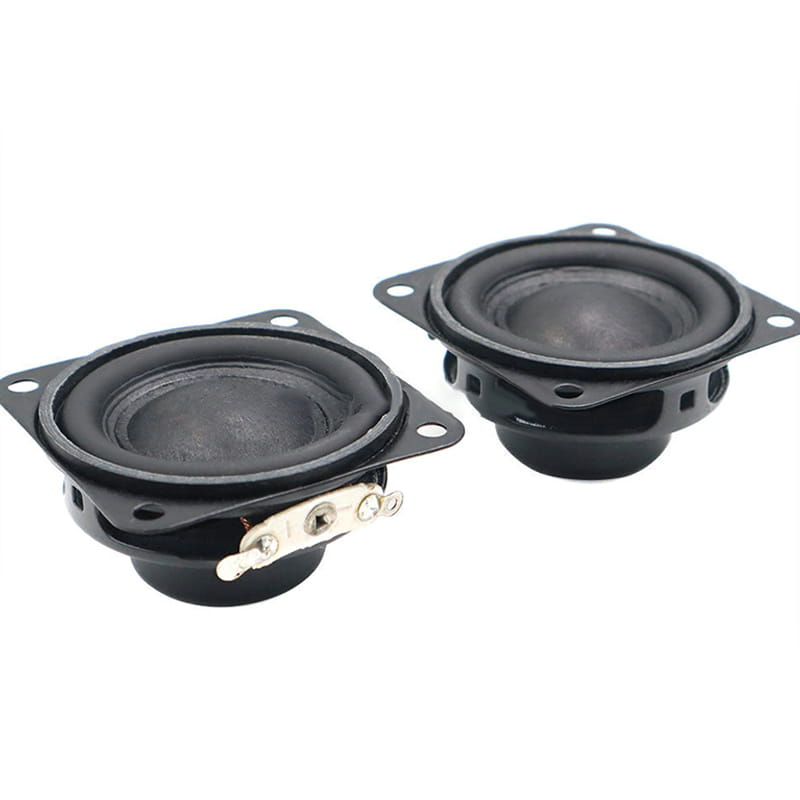 black square shaped 40mm 4 ohm 5w full range bluetooth speaker driver with a matte finish and metallic terminals shown from the back side
