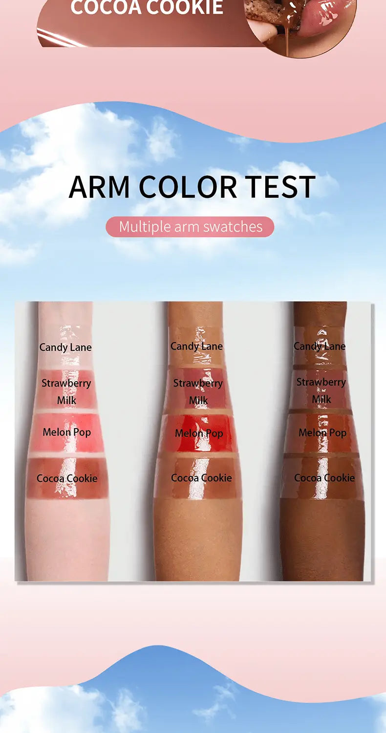 Hydrating fruit flavored glossy lip balm in cocoa cookie flavor with a sleek glossy finish and soft pink and white packaging design.