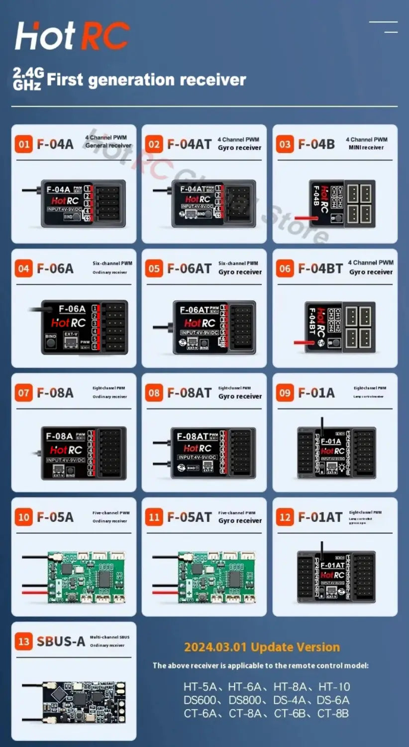 Receptor de primera generación rectangular negro hot rc 2,4 g Hz, modelo f-04a, con etiquetado plateado y antena pequeña para el control remoto de coche y barco ct-6a.