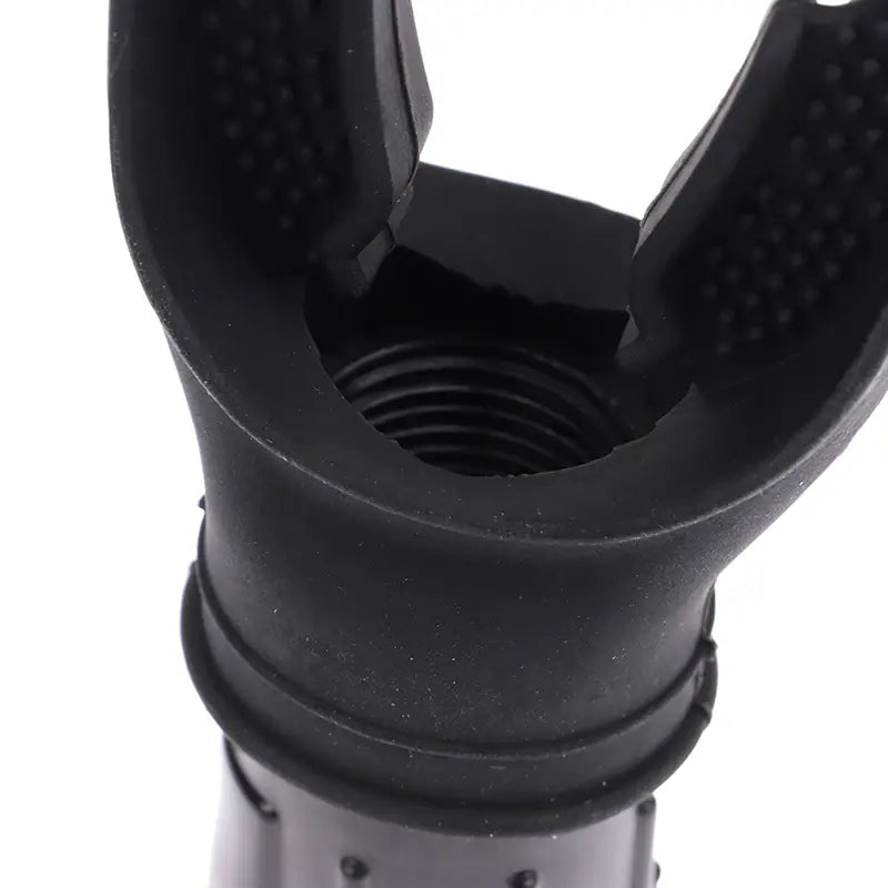 Black rubber snorkel mask with textured grip and threaded interior designed as a lung capacity training device for respiratory fitness.