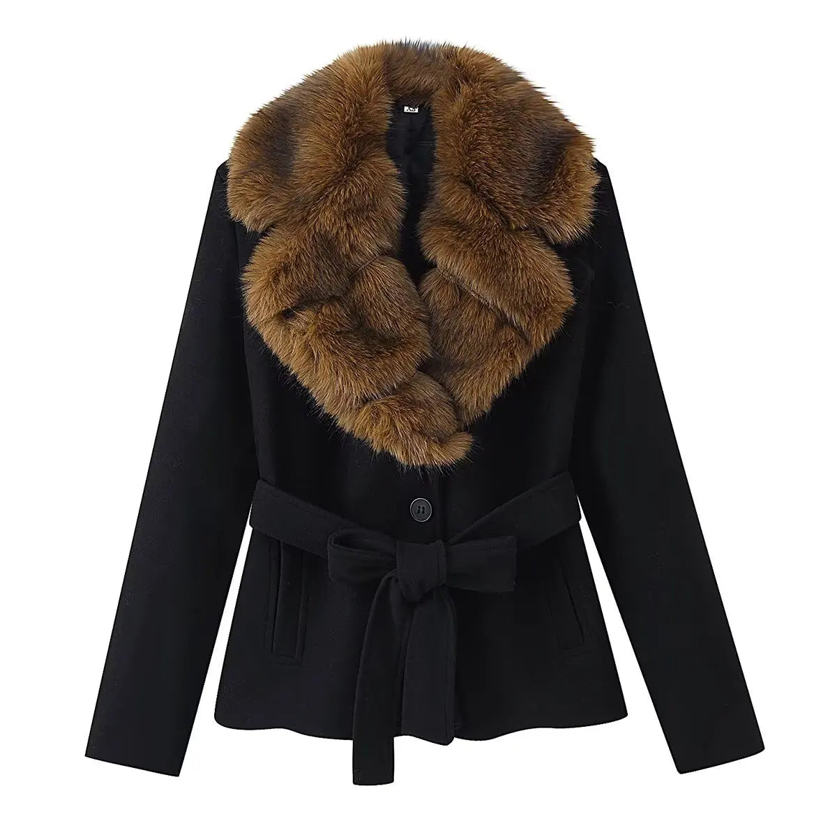 HH Women Winter Elegant Slim Elegant Turn-Down Collar Coat Black Pockets Belt Decoration Women Fashion Long Sleeves Coats