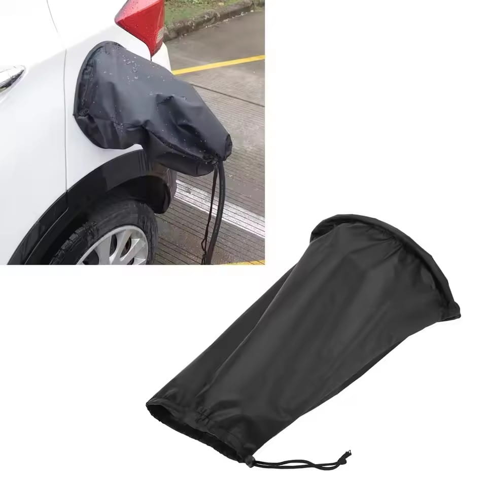 Black waterproof fuel cap cover with drawstring closure for ev charger rain cover magnetic waterproof port protector.