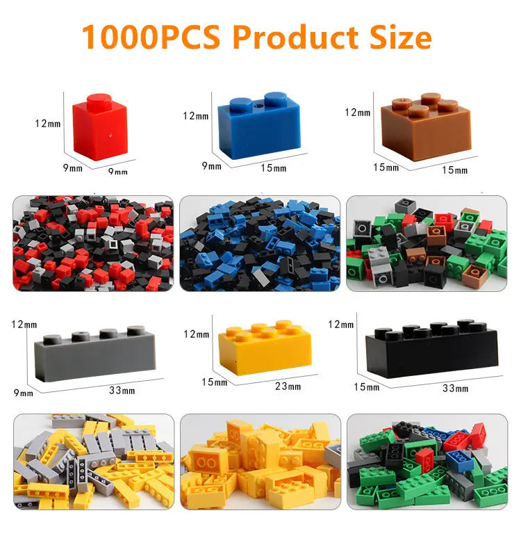 DIYクリエイティブな建設プロジェクト用として、色やサイズの異なる1000個のプラスチック製レゴ風組み立てブロックの鮮やかな詰め合わせ。