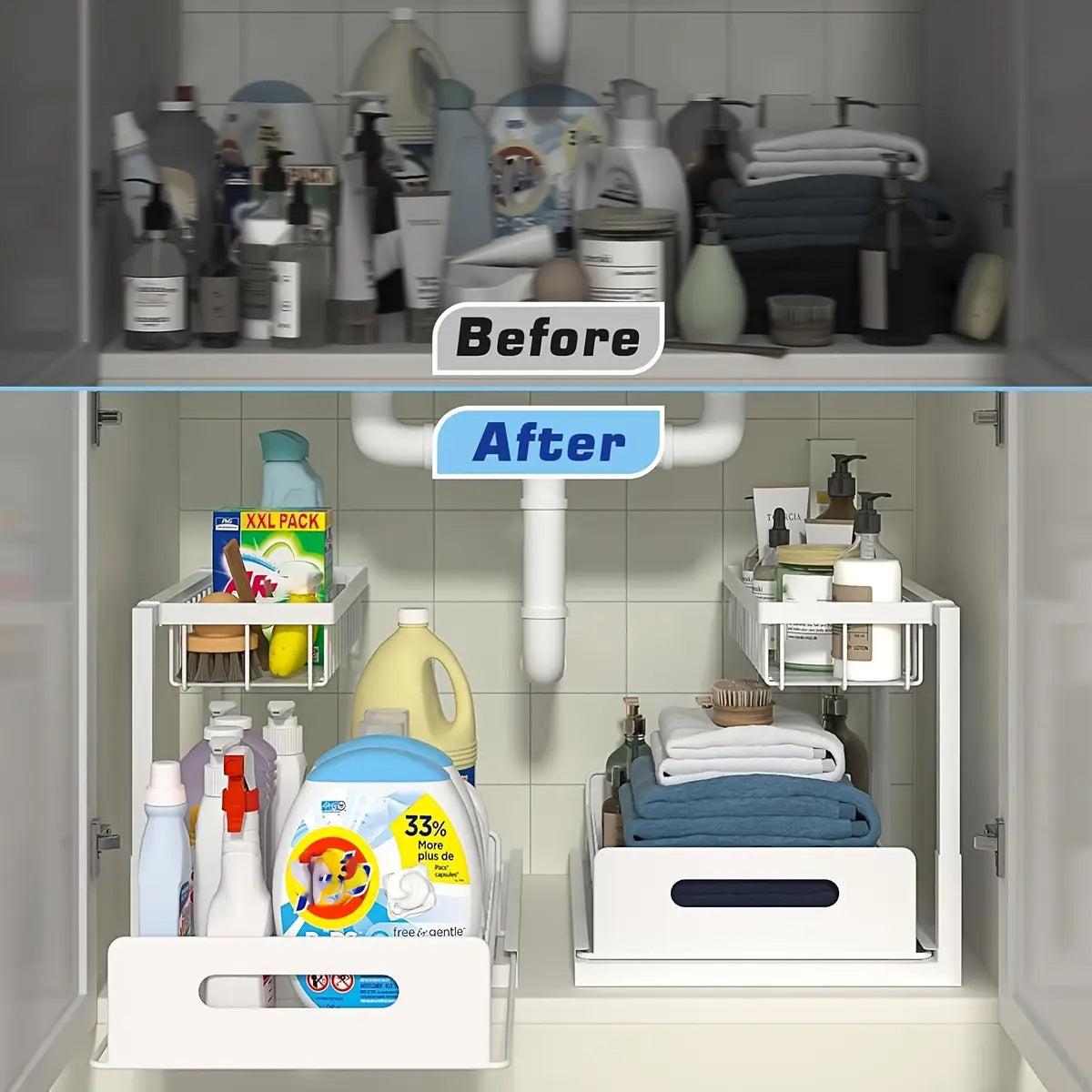 Organisateur blanc en plastique sous l’évier avec étagères à niveaux et tiroir escamotable, conçu comme une alternative à un organisateur noir en métal sous l’évier.