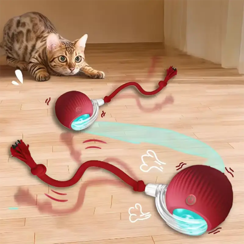Red spherical interactive smart cat ball toy with a flexible red cord and translucent turquoise internal mechanism designed for engaging pet play.