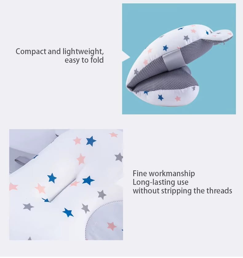 White and gray star-patterned travel pillow with mesh fabric designed as a baby bath seat floating newborn tub support cushion.