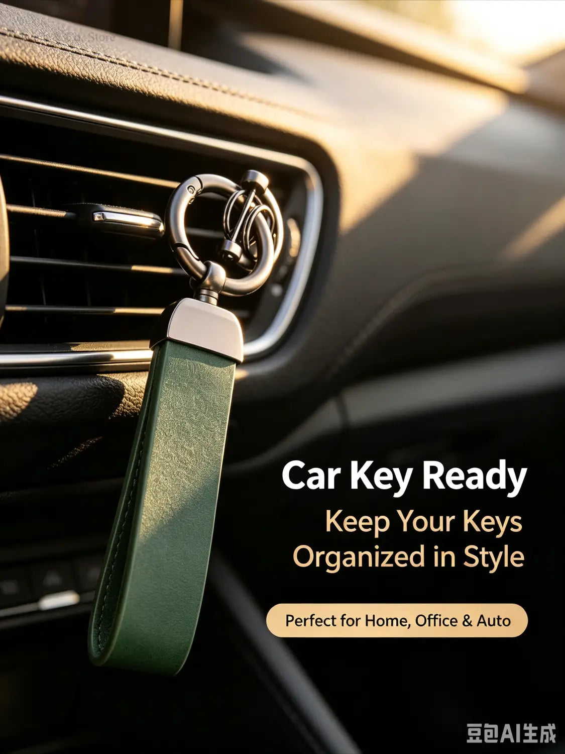 Dark green leather custom logo car keychain with a silver metal ring and clip designed for organizing car keys.
