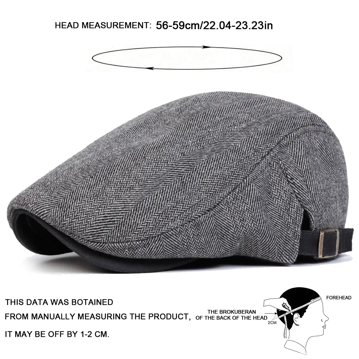 Herren graue Herringbone-Flat-Cap mit schwarzem verstellbarem Riemen und Schnalle, von der Rückseite gezeigt