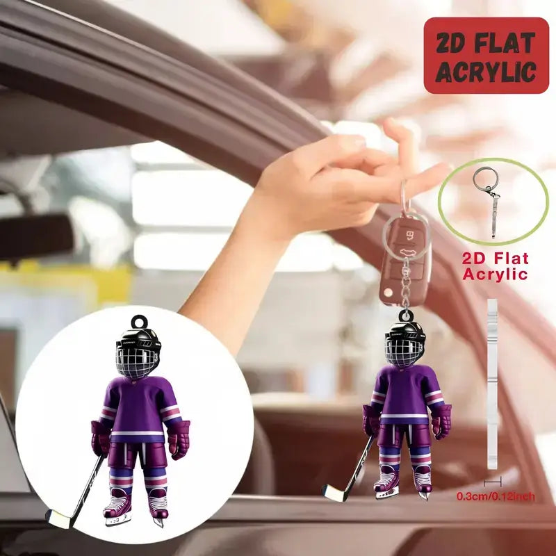 Purple 2d flat acrylic hockey player keychain with black helmet and striped gloves for sports backpack charm.