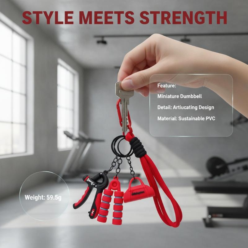 Red and black miniature dumbbell keychain made of sustainable pvc with an articulating design for use as a fitness keychain mini gym equipment bag pendant.