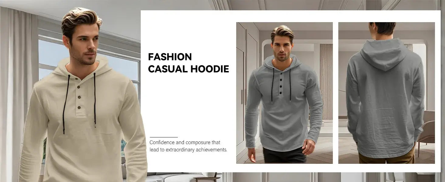 Men cotton linen hooded henley shirt featuring a stylish long-sleeved casual hoodie in a soft off-white or light gray hue with black drawstrings and button accents.