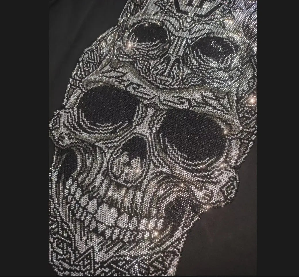 men rhinestone devil bear graphic tee featuring a sparkling black and silver rhinestone skull patch with intricate geometric patterns.