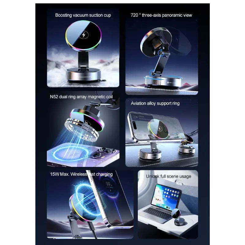 A sleek silver magnetic wireless car charger and phone mount featuring a boosting vacuum suction cup and n52 dual ring array coil for 15w max power displayed from the back side.