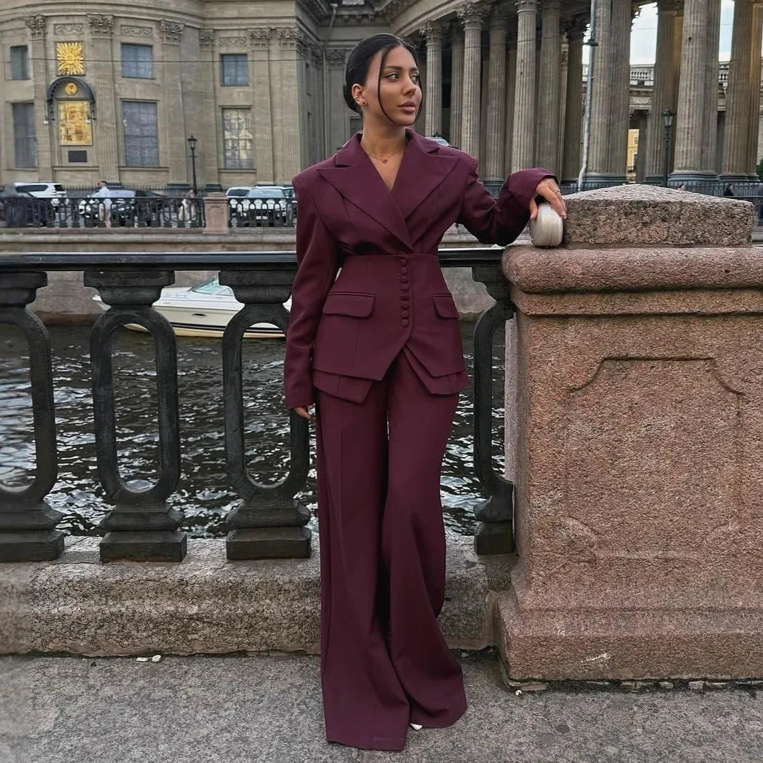 Women's Elegant 2 Piece Suit Set, Tailored Blazer Jacket + High Waist Wide Leg Pants, Office Formal Business Wear