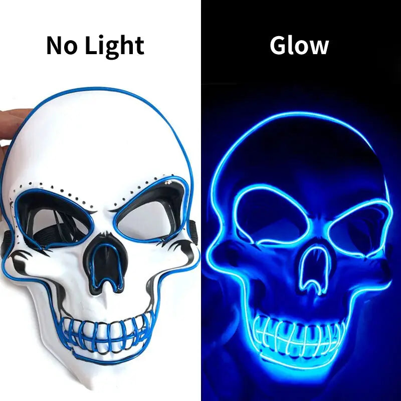 Máscara blanca de calavera luminosa con contornos de neón de luz fría azul, diseñada para efecto de resplandor en la oscuridad, con paquete de controlador para disfraz de calavera LED de Halloween.