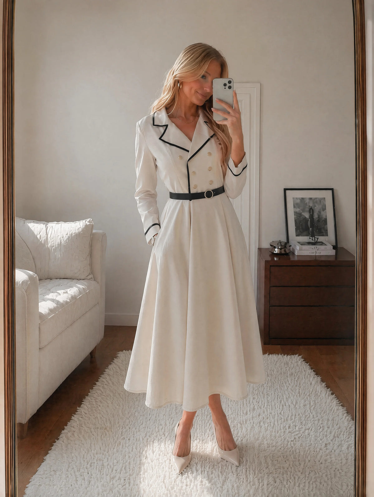 Women Blazer Dress Lapel Collar Long Sleeve Double Breasted Belted A-Line Midi Dress Office Wear