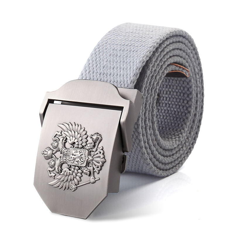 Ceinture tactique en toile grise à aigle russe pour hommes, avec une boucle en métal à finition ton argent présentant un emblème d’aigle bicéphale en relief.