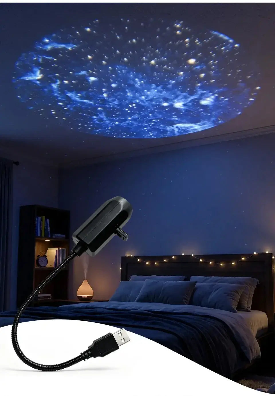projecteur de galaxie ciel étoilé noir alimenté par USB, projetant un motif de ciel nocturne étoilé bleu pour un éclairage d’ambiance intérieur dans la série de diapositives de ciel étoilé.