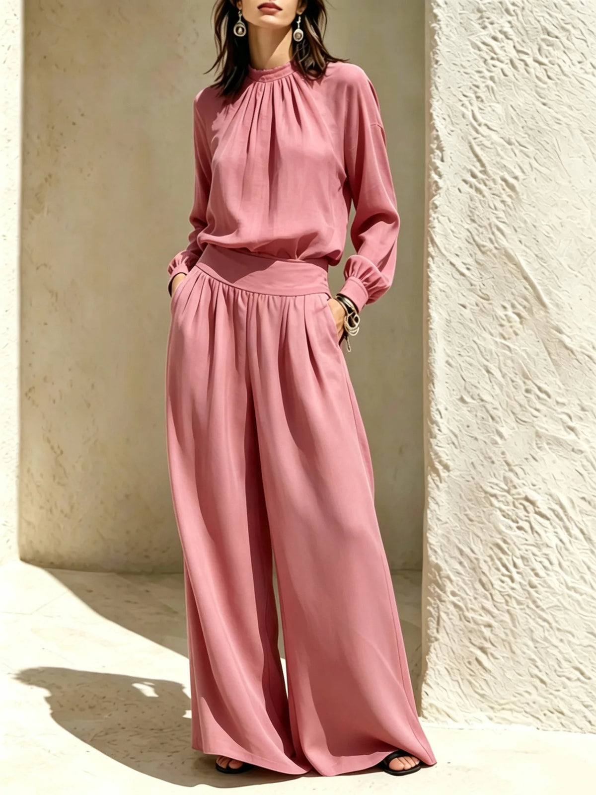 2026 Fall European and American New Casual, High-End, Stand-Up Collar Outfit Set: Loose Blouse, Wide-Leg Pants for Women.