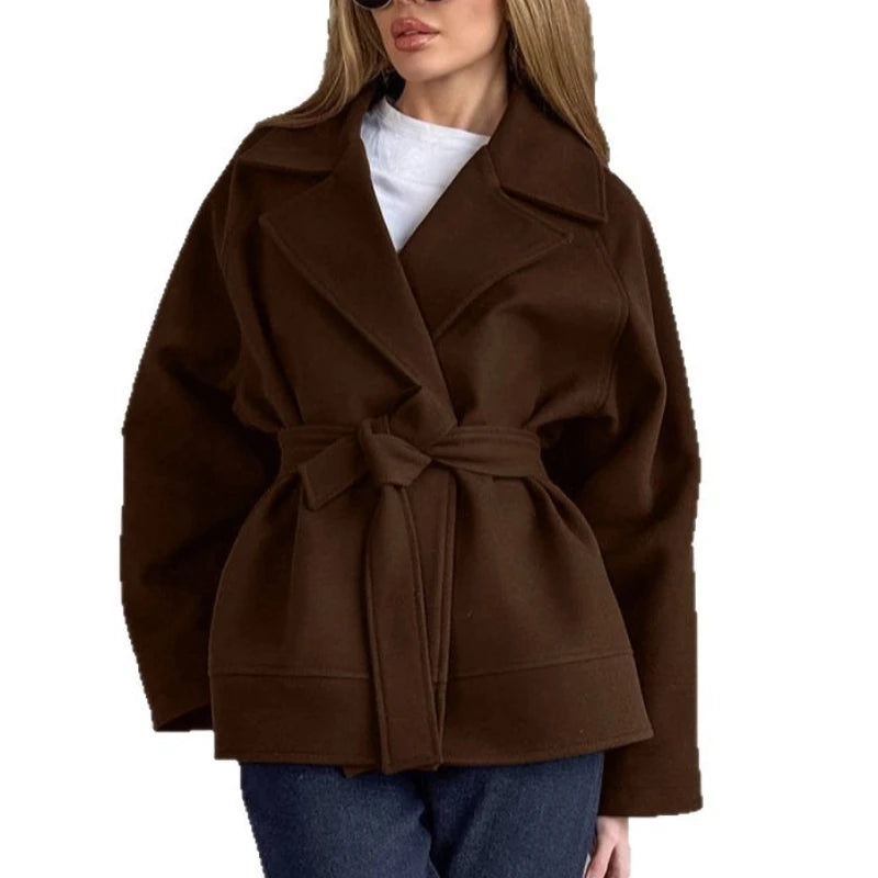 Fall Winter Woolen Coat Women's Elegant Loose Suit Collar Tie Joker Long-sleeved Woolen Coat Women's Clothes